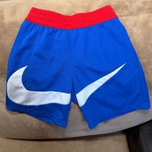 NWOT NikeDri-Fit Boys Blue Basketball Shorts with Red Waistband and White Swoosh